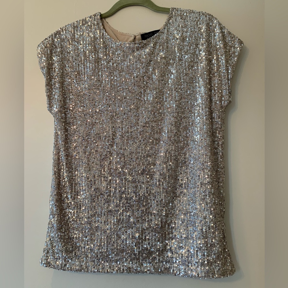 Rachel Zoe Champagne Gold Beige Sequins Lined Tee Holiday Special Occasion S